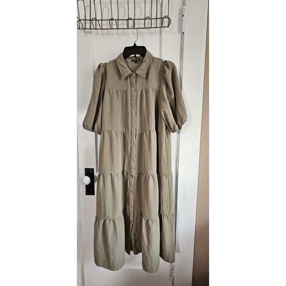 Mittoshop Womens  Light Olive Balloon‎ Sleeves shirt tiered dress Sz Large